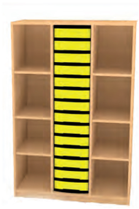 Materialschrank offen, Materialschrank, Schrank mit Materialboxen